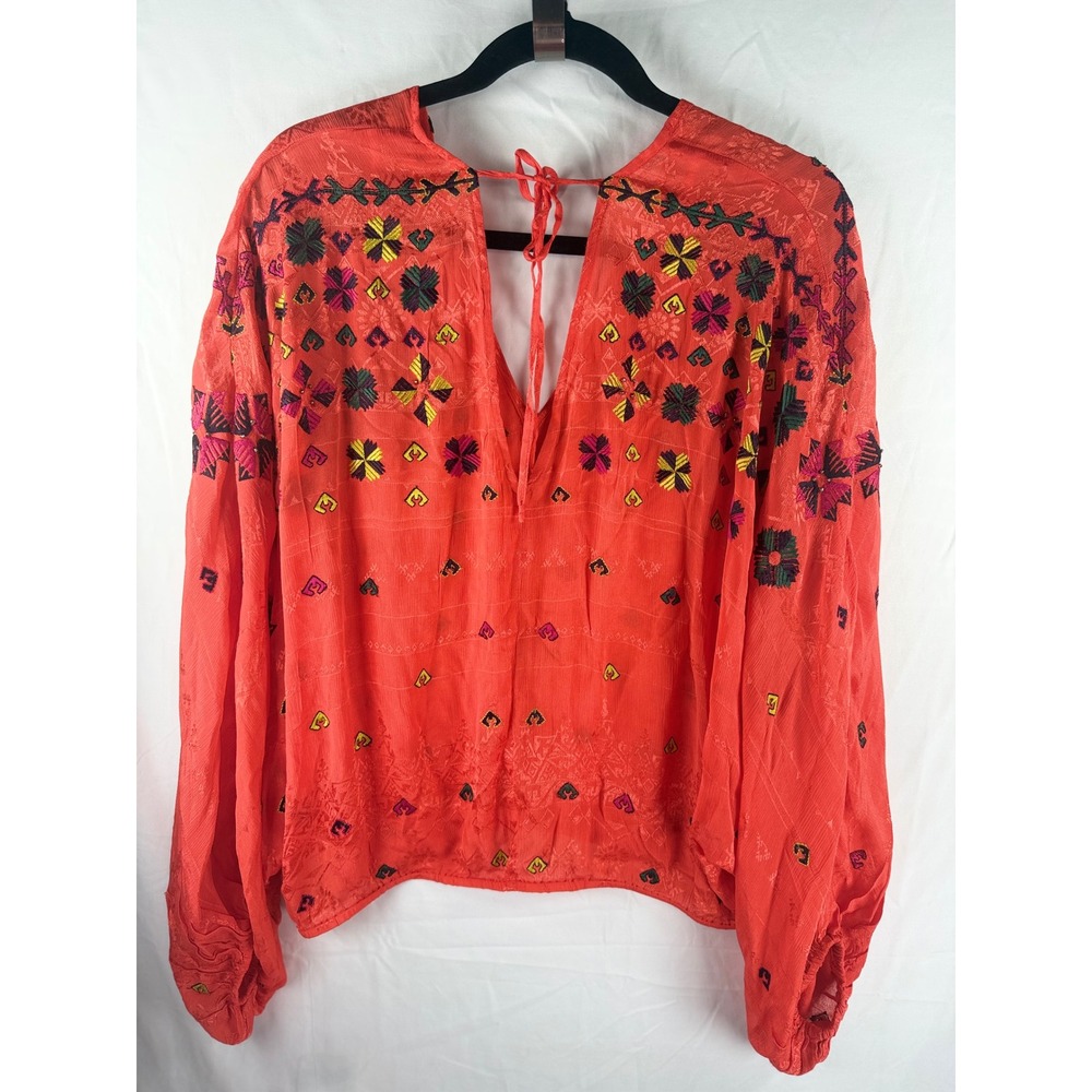 Free People Coral Red Embroidered Boho VNeck Balloon Sleeve Blouse Top Small NWT - Picture 8 of 9